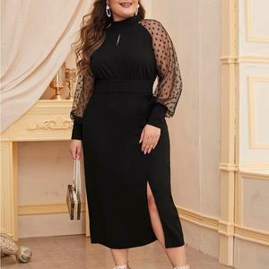 SHEIN Plus Dobby Mesh Sleeve Split Hem Peekaboo Dress